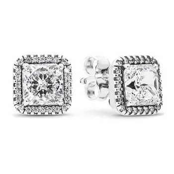 

Original 925 Sterling Silver Pan Earring Silver Square With Crystal Pan Earrings For Women Wedding Gift Fashion Jewelry