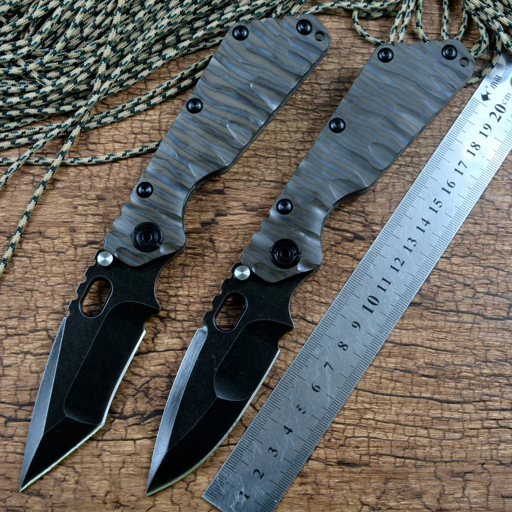 Y-START SMF Tactical Knife D2 Folding Blade Flame Texture Titanium Handle Outdoor Camping Hunting Tool with Nylon Case