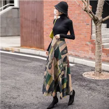 Винтажная шерстяная юбка с принтом, элегантная одежда для офисных леди, юбки на осень и зиму, Женская плиссированная длинная юбка макси с высокой талией, fw634