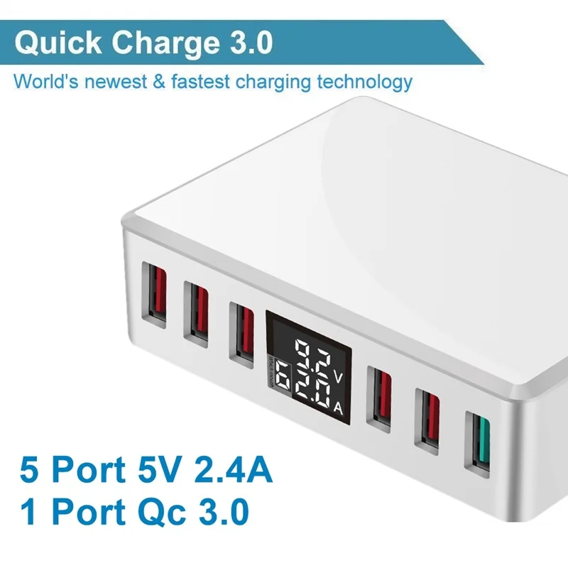 6 Ports USB Charger QC 3.0 Fast Charging Smart LCD Digital Display  Multi-Port Travel Charger Station Quick Charge USB Charging