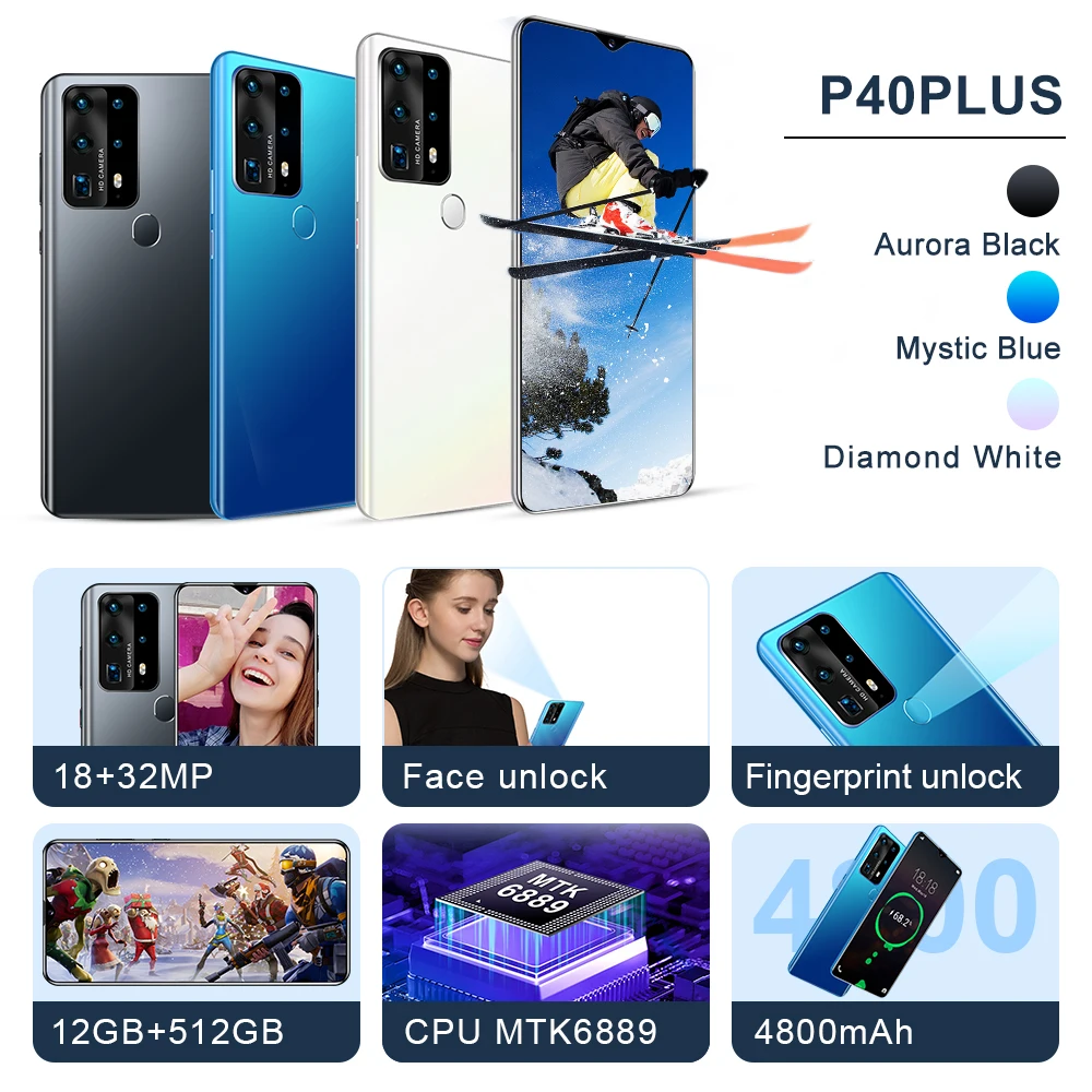 Newest P40Plus Smartphone 6.8inch Snapdragon 855 8GB RAM 256GB ROM Face ID Octa Core 4 Camera Mobile Phones Global Version