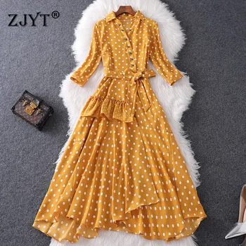 

Top Fashion Designers Women Spring Dress 2020 New Elegant Lady Lace Up Polka Dot Print Midi Irregular Holiday Casual Dresses