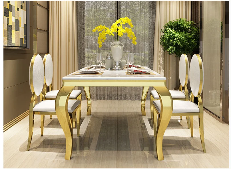 Nordic luxury marble dining table rectangular size apartment post-modern minimalist stainless steel dining table and chair combi
