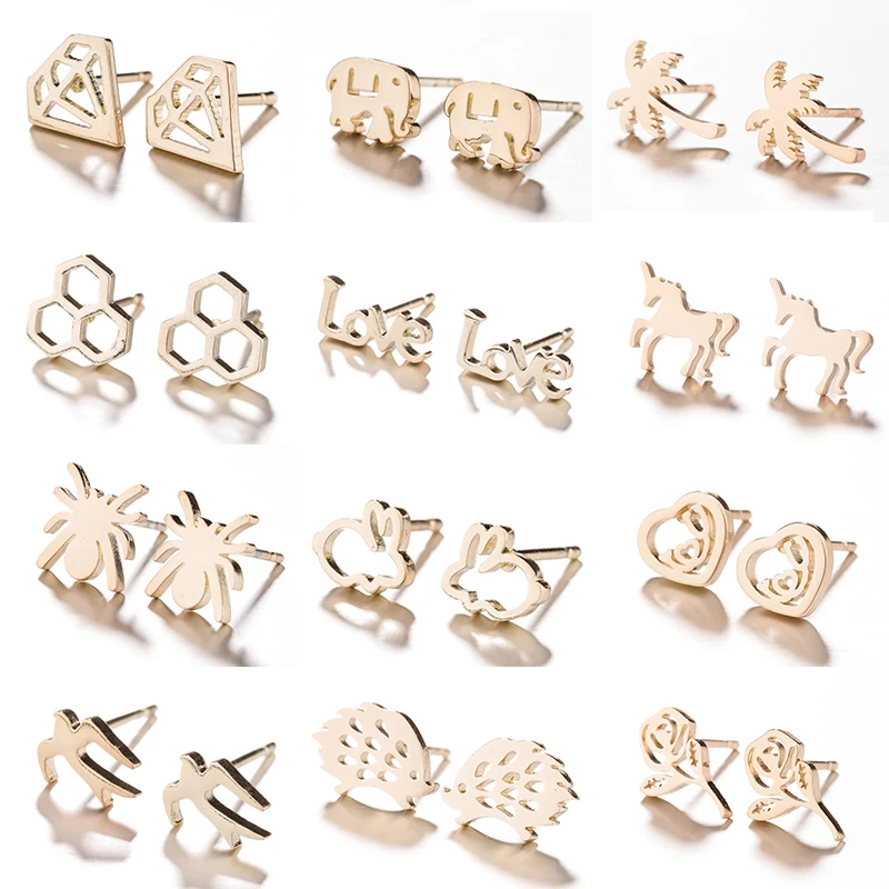 

Jisensp Trendy Small Animal Earrings Stud for Women Cute Gold Geometric Coconut Tree Stainless Steel Earrings Best Friend Gift