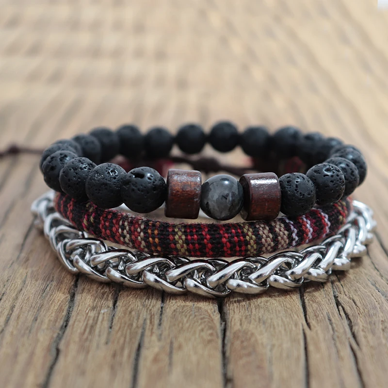 Boho 3 шт./компл. Античная лавовый камень браслет ручной работы Нержавеющая сталь цепочка "кошачьего глаза комплект для Для мужчин ювелирные браслеты Homme Bileklik