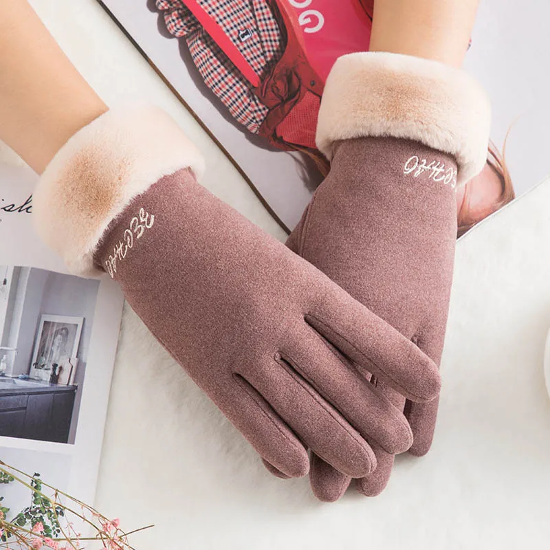 Варежки толстые зимние теплые кашемировые французские романтические стильные перчатки с сенсорным экраном с пятью пальцами для вождения плюшевые женские очаровательные наручные перчатки - Цвет: Dark pink1