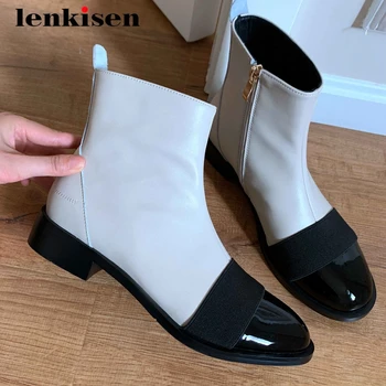 

Lenkisen convenient natural leather mixed colors leisure round toe thick med heel zipper daily wear maiden basic ankle boots L11