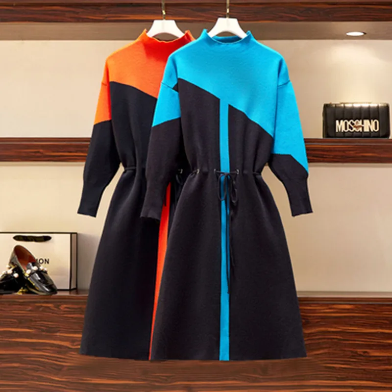 

Runway New Arrival Autumn Winter Elegant Patchwork Knitted Dress Striped chic Sweater Dresses Women Casual Bottoming Dress