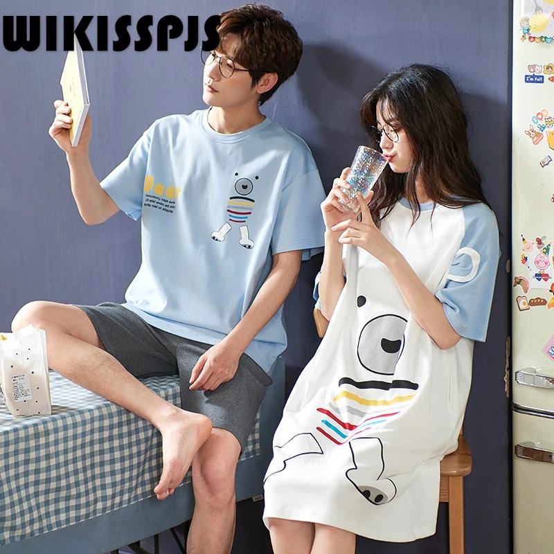 

WIKISSPJS 2022 Summer New Pure Cotton Pajamas for Lovers Pajama Set Women Lounge Wear Bedroom Set Pajama Shorts Sleep Tops