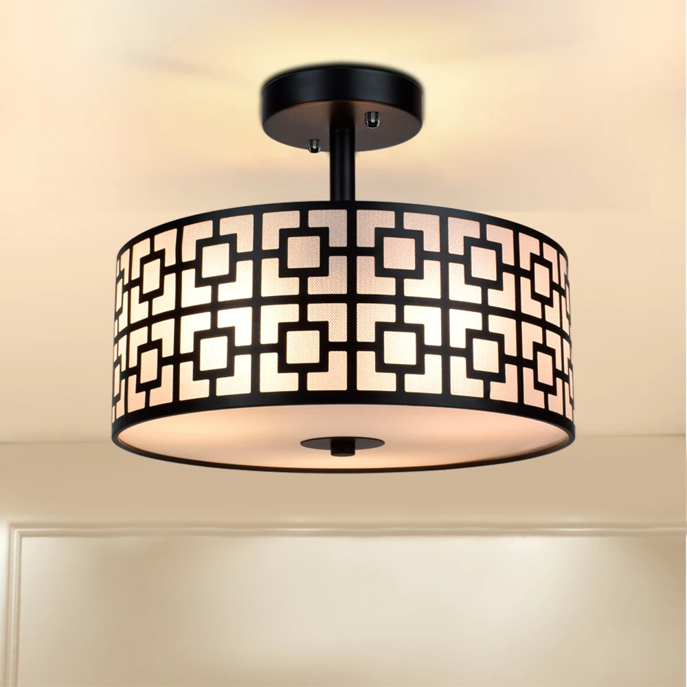 Depuley 32cm 3-light Rustic Semi Flush Mount Ceiling Light with Drum Shade Black Finish for Kitchen Dining Living Room E26 Base | Освещение
