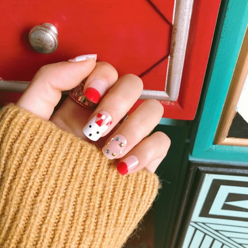 24Pcs Acrylic Cute Christmas Bear Fake Nails Press On Full Nail Tips Art Girls Manicure Beauty Tools Children Christmas Gift