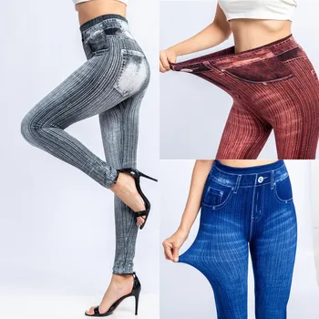 

Women Fashion Imitation Denim Jeans Ladies Plus Size Leggings Casual High Waist Slim Elastic Pencil Pants