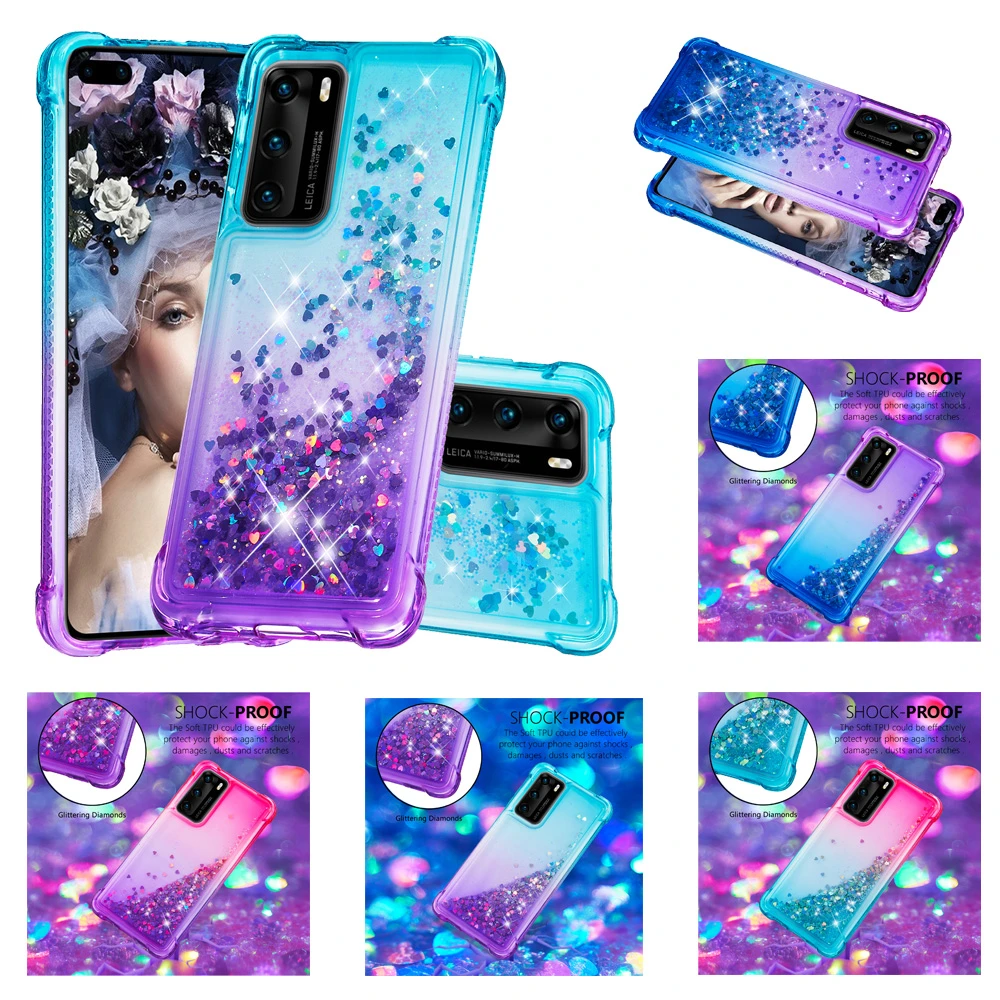 Bling Gitter Phone Cases For Huawei P Smart 2021 P40 Lite Mate 30 Pro P Smart 2019 Dynamic Love Heart Quicksand Back Cover Shell huawei silicone case