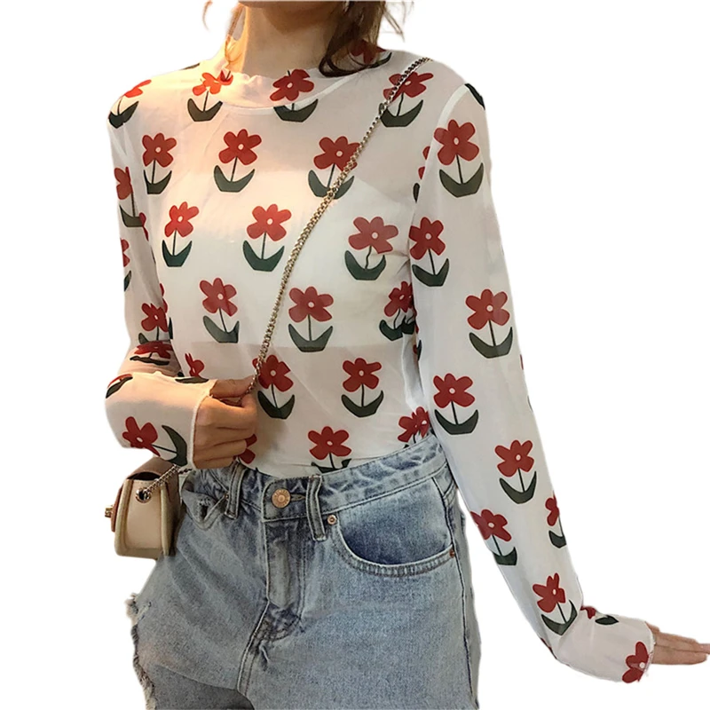 

Womens Tops and Blouses 2020 Summer Flower Sunscreen Shirt Round Collar Long Sleeve Top Ladies Casual Korean Style Clothing