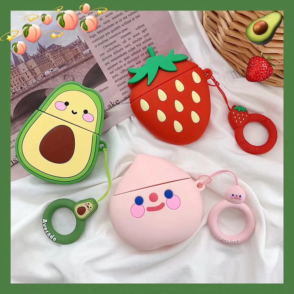 

Earphone Cases For Apple AirPods 2 Cartoon Avocado Strawberry Earphone Soft Case with Ring Rope For AirPods 1 Charging Box Cover