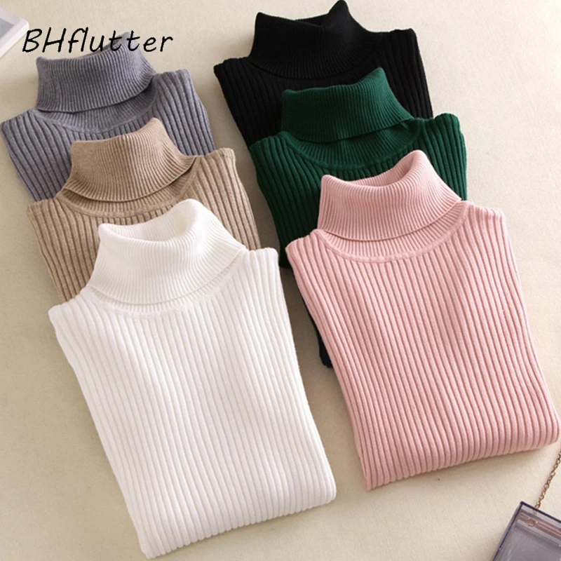 

BHflutter 2019 Sweater Women Solid Casual Turtleneck Sweaters Jumpers Long Sleeve Knitted Autumn Winter Pullovers swetry damskie