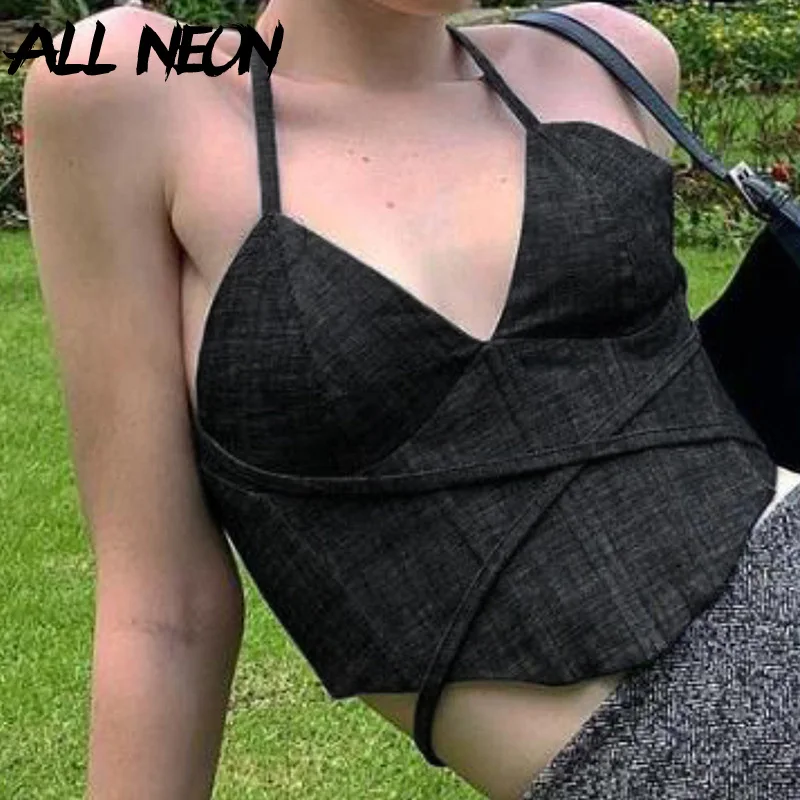 

ALLNeon Y2K Fashion Deep V-neck Bandage Corset Tops Vintage Backless Zipper Lace up Cropped Tanks Punk Aesthetics Black Top Slim