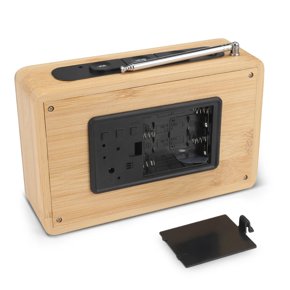 

LED Bamboo Digital FM Radio Alarm Clock 12h/24h Adjustable Light For Home Bedroom Office Desk Watch Timer USB Cable Table Clocks