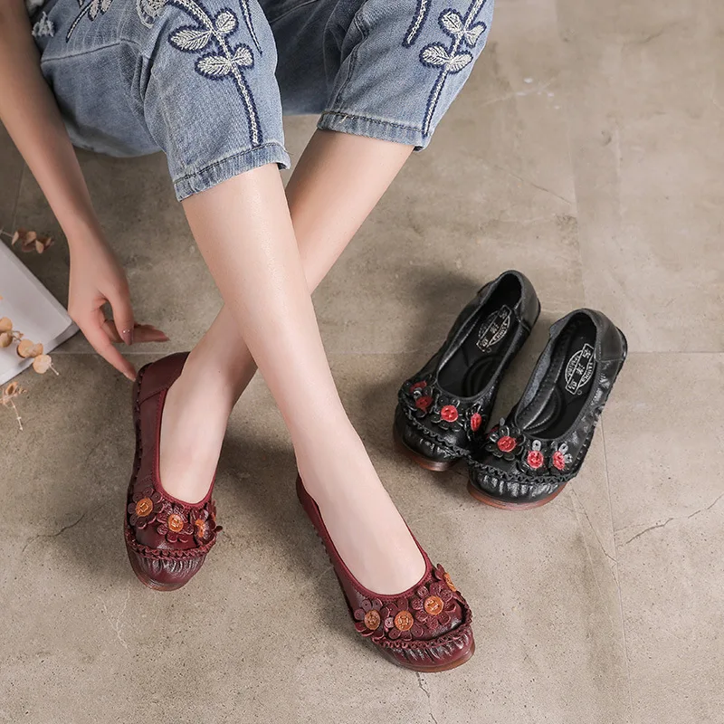

2019 New Style Leather Shoes Women's Low Heel Loafers round-Toe Ethnic-Style WOMEN'S Shoes Work Shoes 7688-1