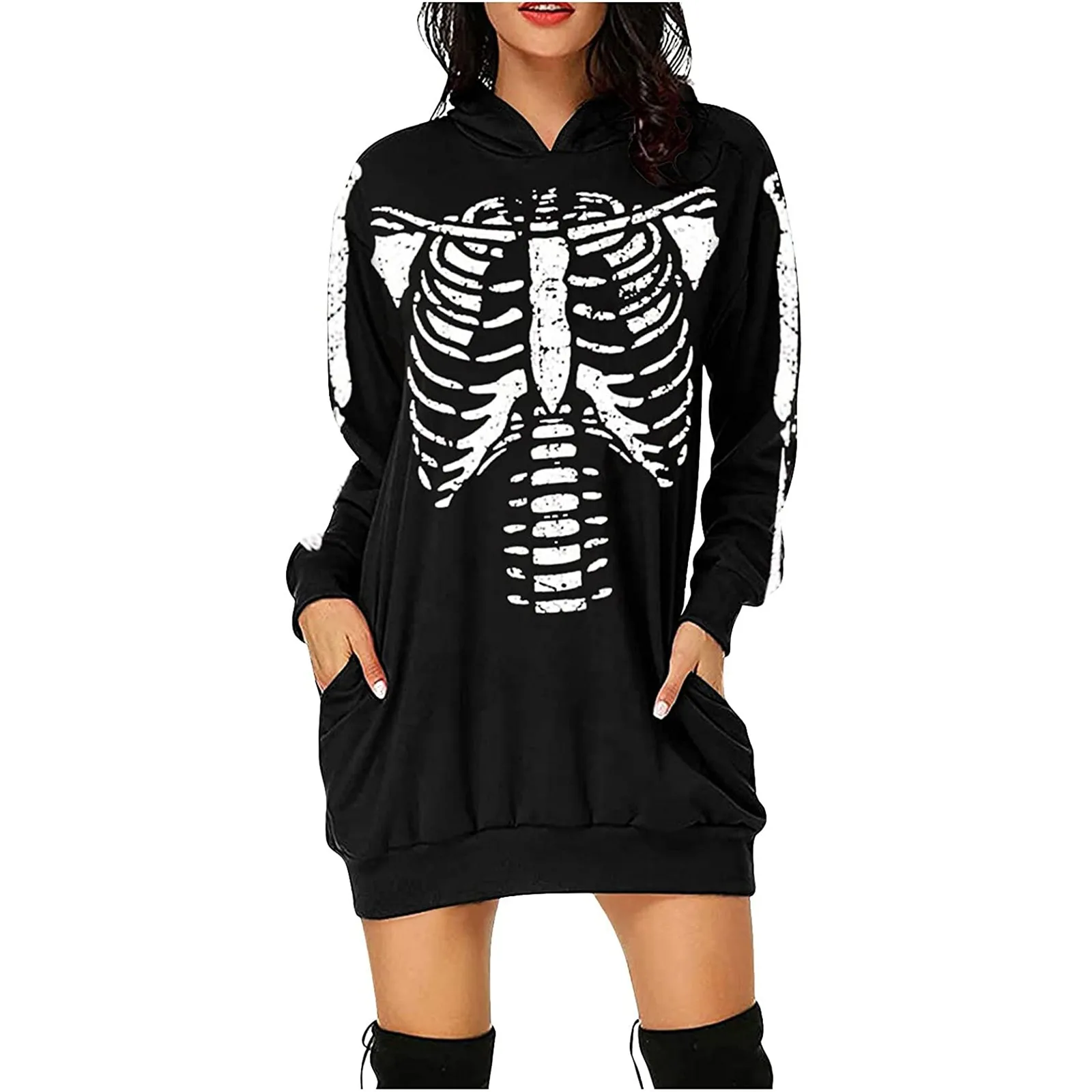 Autumn Fashion Dresses Women Halloween Skull Print Long Sleeve Dress Casual Loose Hoodie Sweatshirt Dress Winter Streetwear 2