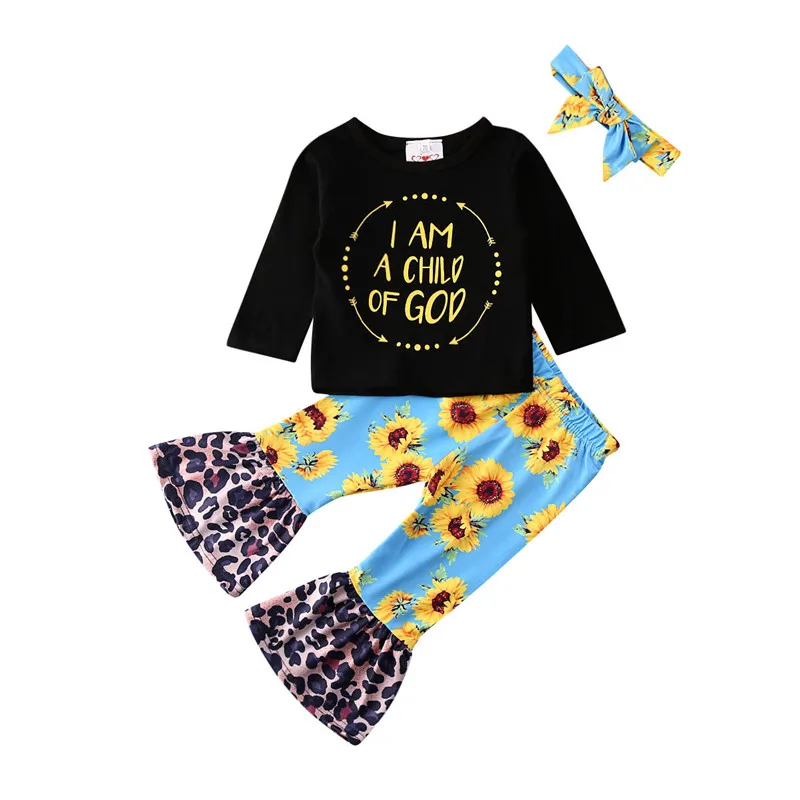 Милая одежда для маленьких девочек; пуловер с геометрическим узором; топы с длинными рукавами; штаны с принтом подсолнуха и леопарда; повязка на голову с бантом; комплект из 2 предметов; детская одежда