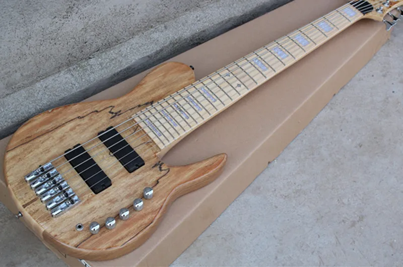 На заказ 6 струн электрическая бас гитара, корпус из древесины ясеня с spalted кленовый шпон, string расстояние 19 мм, комплектующие черного цвета