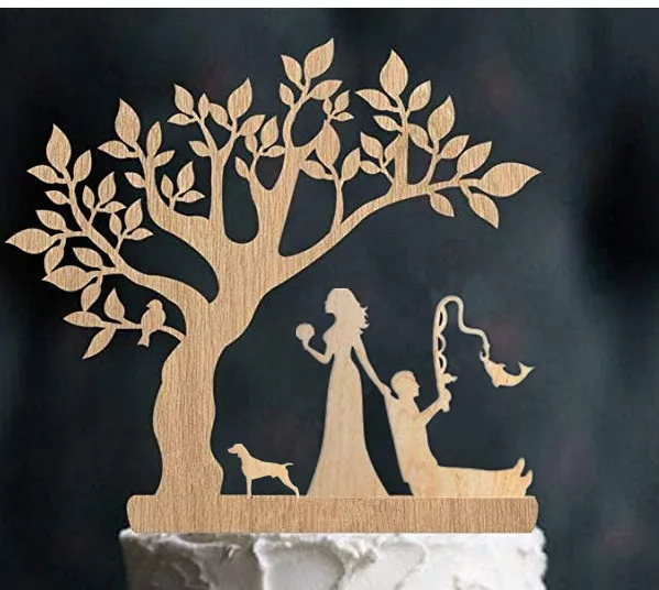 Wedding Cake Decoration Wood Mr and Mrs Toppers Bride and Groom with Pets Silhouettes Rustic Wedding cake topper,cake decorations,cake toppers