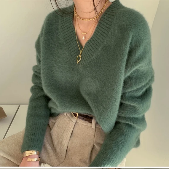 

Warm Thicken Pullover Sweater for Women Elegant V-neck Autumn Soft Female Winter Knitwear Loose Knitted sweater Jumper JK311