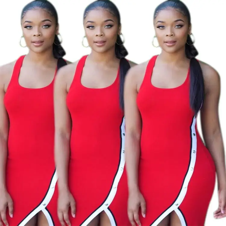

114 Europe And America Hot Selling Women's Dress Joint Front Slit Dress