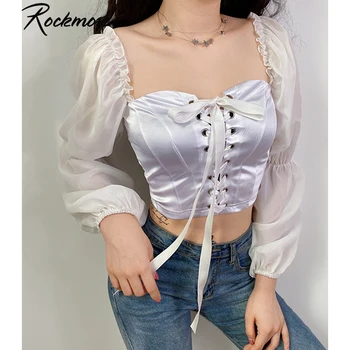 

Rockmore Puff Sleeve White T-Shirt Women Criss Cross Bandage Bodyocn Tshirt Mesh Long Sleeve Crop Top Square Collar Tee T Shirts