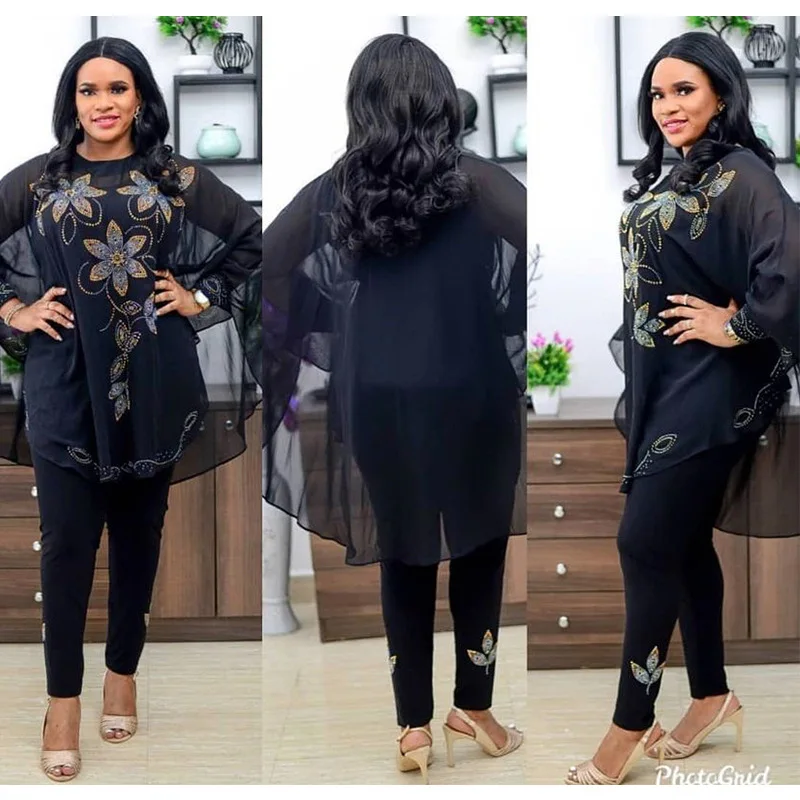 

African Dashiki 2pcs Suits Chiffon Clothes Tops Pant Sets Abaya Muslim Suits Robe Jumpsuits Tracksuit Outfits Islam Ensemble