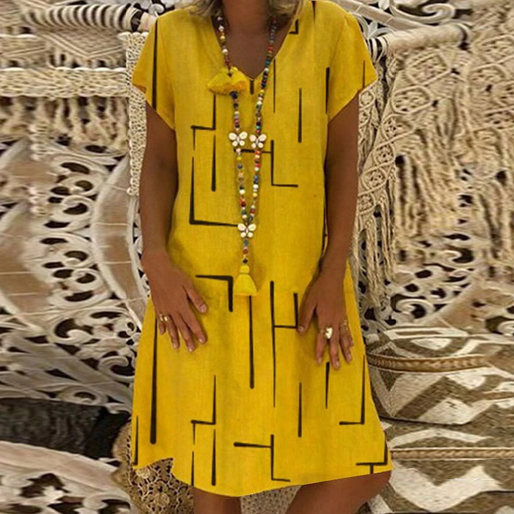 

MoneRffi Women Dresses Print Short Sleeve V-neck Dress 2020 Boho Clothes Sundress Women Summer Casual Loose Dress Plus Size
