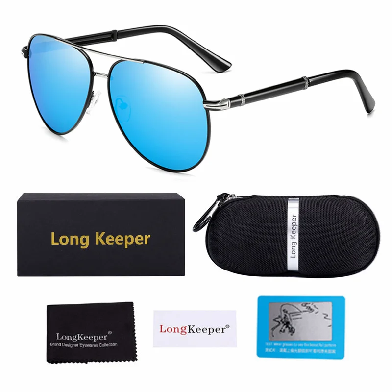 Black Silver Blue Мужские солнцезащитные очки, поляризационные, для вождения, UV400, брендовые, дизайнерские, пилот, зеркальные, солнцезащитные очки, металлические, Ретро стиль, gafas sol hombre, с подарочной коробкой - Цвет линз: Black Silver Blue