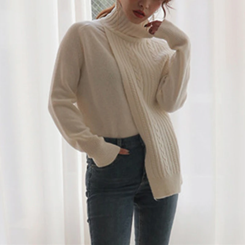 Женский трикотажный свитер YAMDI однотонный белый или оранжевый пуловер с высокой