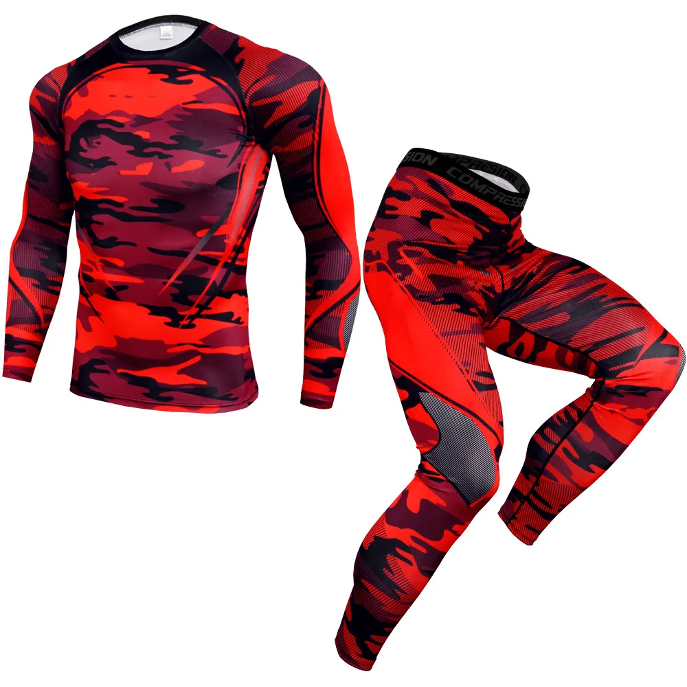 Мужские тренировочные комплекты для тренировок спортивные компрессионные футболки с длинными рукавами и штаны для занятий йогой, спортивный костюм для мужчин - Цвет: Красный