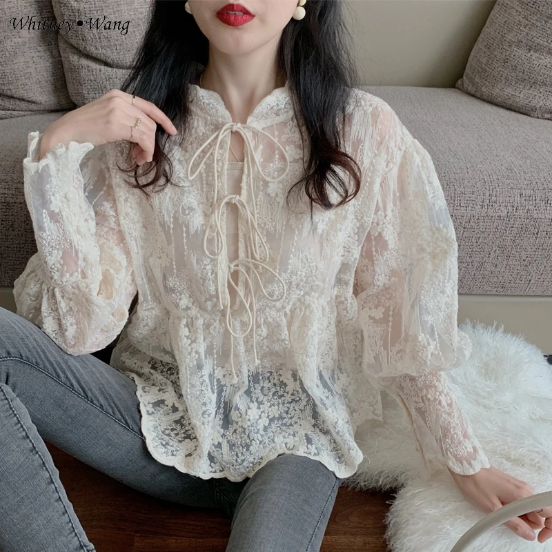 WHITNEY WANG, блузки,, Весенняя мода, с пышными рукавами, с вырезом, с бантом, Кружевная блуза с вышивкой, женские блузы, женская рубашка, Топ - Цвет: Бежевый
