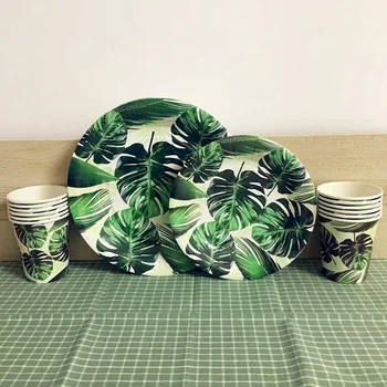 

24pcs/set Summer Beach Tropical Green Palm Leaves Monstera Leaf Baby Shower Kids Favor Disposable Tableware Sets Party Supplies