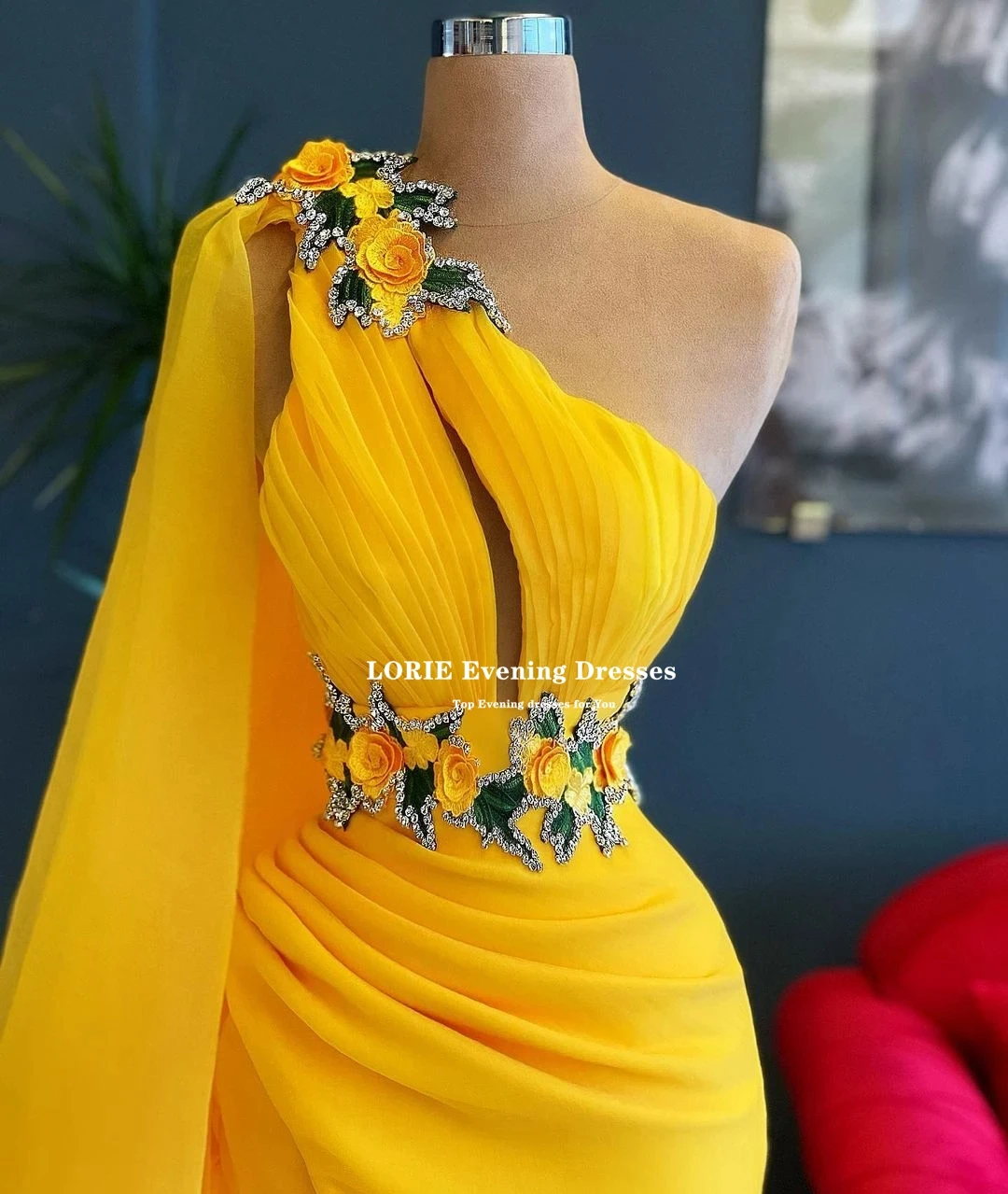 Lorie High Quality Yellow Prom Dress One Shoulder Appliques Slit Tulle Plus Size Women Long Formal Evening Party Elegant Gowns