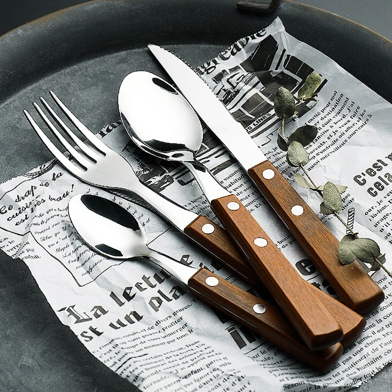 Estilo caliente cubiertos de madera cuchillo tenedor cuchara de cucharas de café occidental cena conjunto de madera de vajilla 4 unids/set