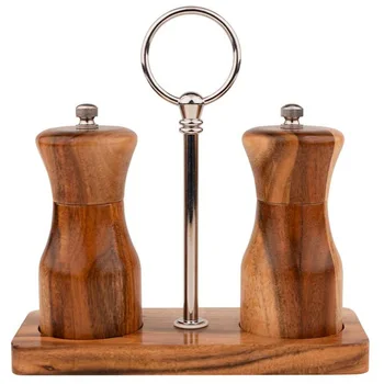 

Salt and Pepper Grinder Set with Wooden Stand, Manual 4.5-Inch Wooden Salt and Pepper Shakers, Adjustable Coarseness