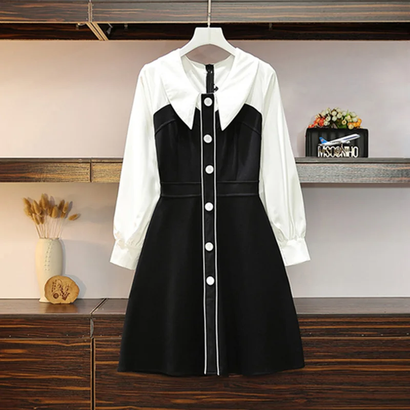 

XL-5XL Plus Size Women Elegant Dress Autumn 2019 Vintage Peter Pan Collar Long Sleeve Patchwork Single-breasted Ladies Dresses