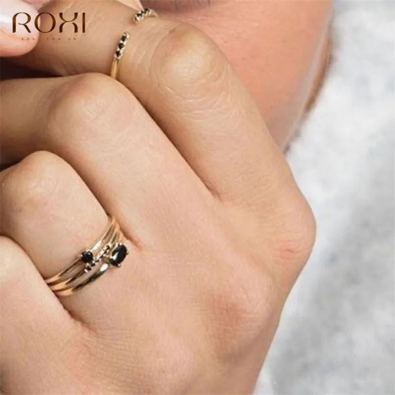 ROXI 925 пробы серебряные кольца, свадебные украшения и тонкой подошвой; Цвет Черный Камень Кольца с настоящими Австрийскими кристаллами Для женщин украшения для пальцев изысканные Обручение кольца