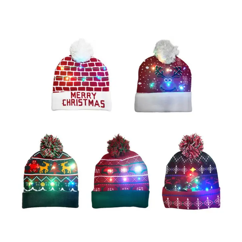 LED Christmas HAPPY NEW YEAR Knitted Hats Light-up Xmas Knit Beanie Adults Cap