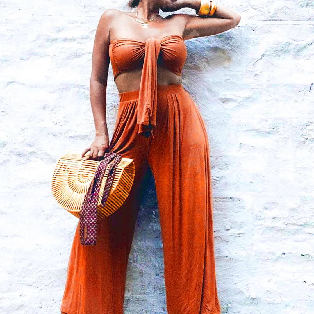 

Women Two Piece Outfits 2020 Autumn Lace Up Crop Tops Fall Draped Wide Leg Pants Solid Cotton Highly Elastic Soft Suit