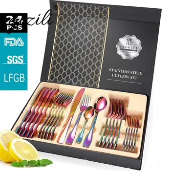 

24PCS Gold Cutlery Dinner Set Tableware Cutlery Set Dishes Knives Forks Spoons Western Kitchen Dinnerware Stainless Steel Home