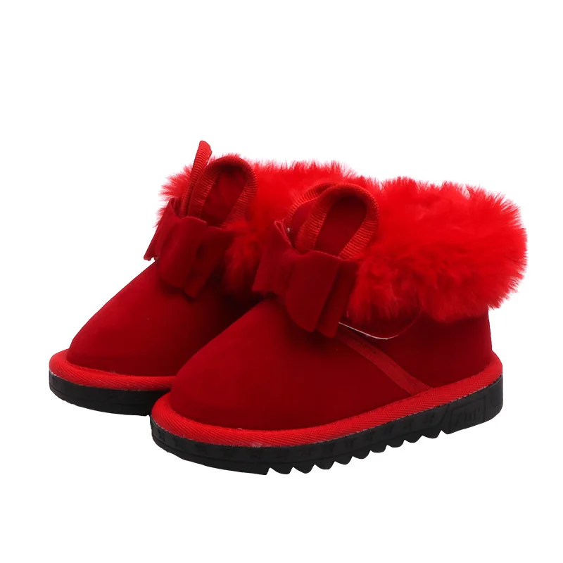 Обувь для маленьких девочек 3 лет; теплые зимние ботинки для маленьких девочек; модные детские зимние ботинки; Плюшевые ботинки с бантом на лодыжке для детей 1-6 лет - Цвет: red