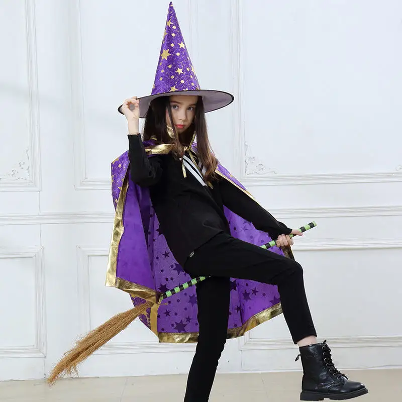 

Children Halloween Costumes Wizard Witch Cloak Cape Robe with Pointy Hat Girls Boys Cosplay Props Kids Birthday Party Supplies