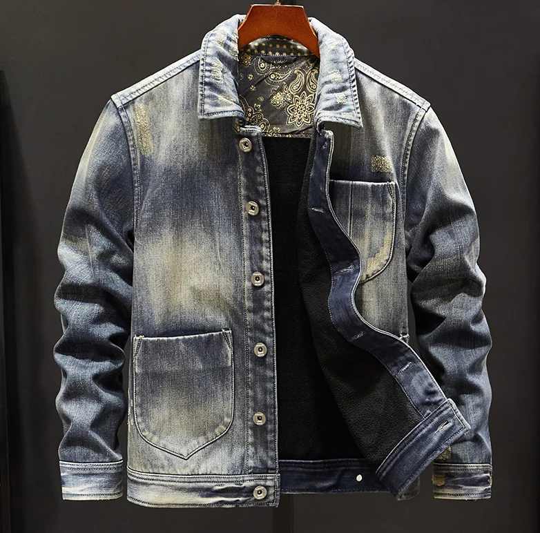 Мужская Толстая теплая джинсовая куртка, пальто, модные флисовые джинсы, винтажная синяя куртка, зимняя верхняя одежда, мужская ковбойская куртка, Прямая поставка
