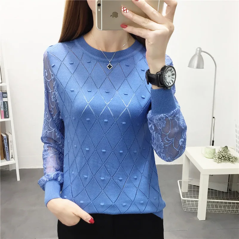 Loose long sleeve knitted sweater Pullover Sweater with round collar and lace bottoms | Женская одежда