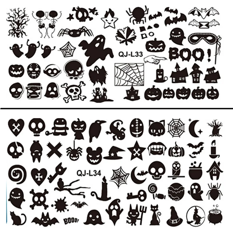 Nail Art Stamping plates equipment, 2pcs Stainless Steel Image Nail Stamping Plates/ Halloween Nail Stamp Template Tools L33